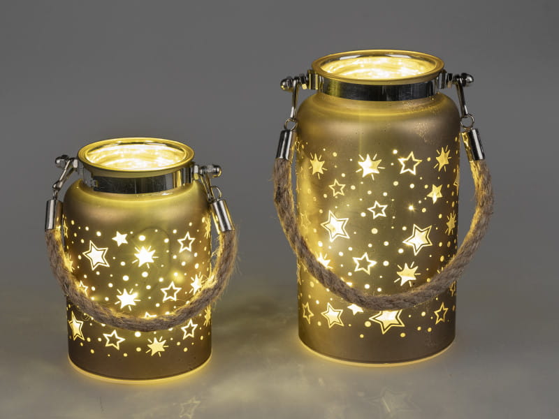 formano Deko-LED-Licht, Farbglas matt mit Stern-Dekor, Braun/Gold, 17 cm - inkl. Timer