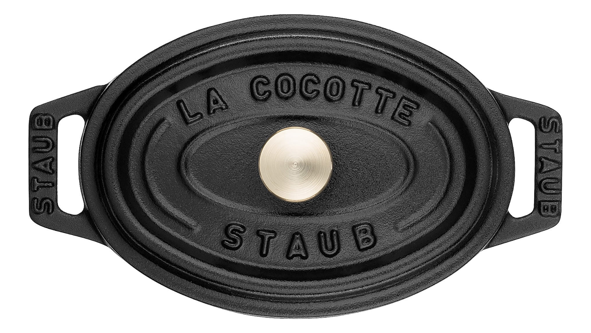 Staub Cocotte Bräter Gusseisen oval 11 cm schwarz oben