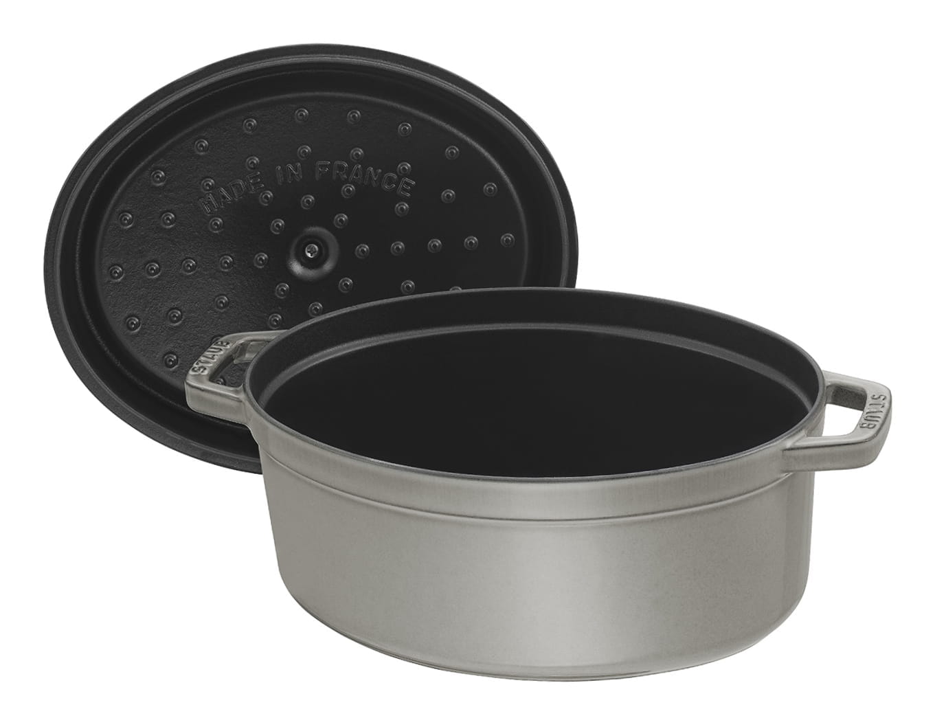 Staub Cocotte Bräter Gusseisen oval 29cm grau offen