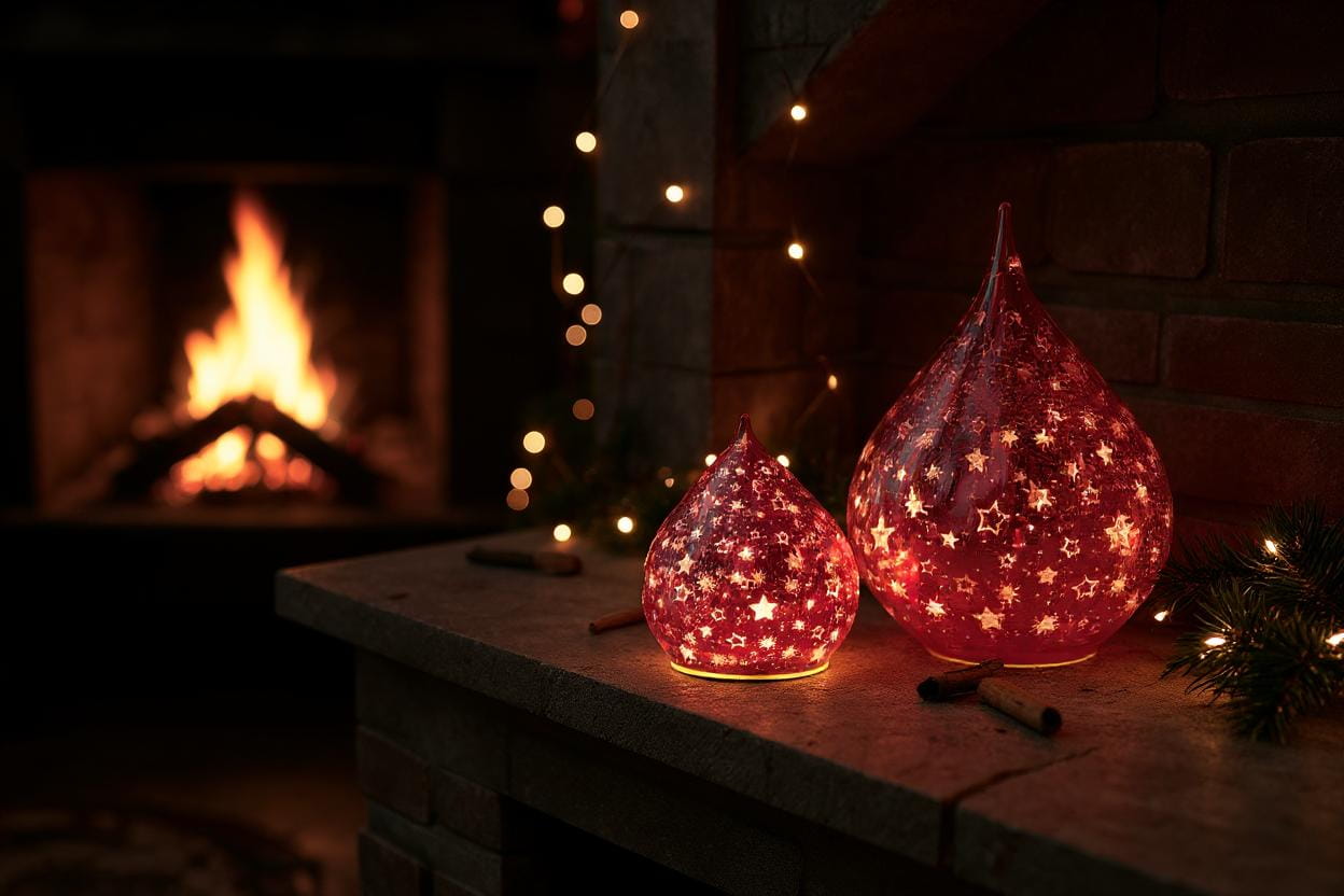 formano Weihnachts-Tropfen 16 cm, Farbglas in Krakelee-Optik mit LED-Licht & Timer, Sterne-Rot