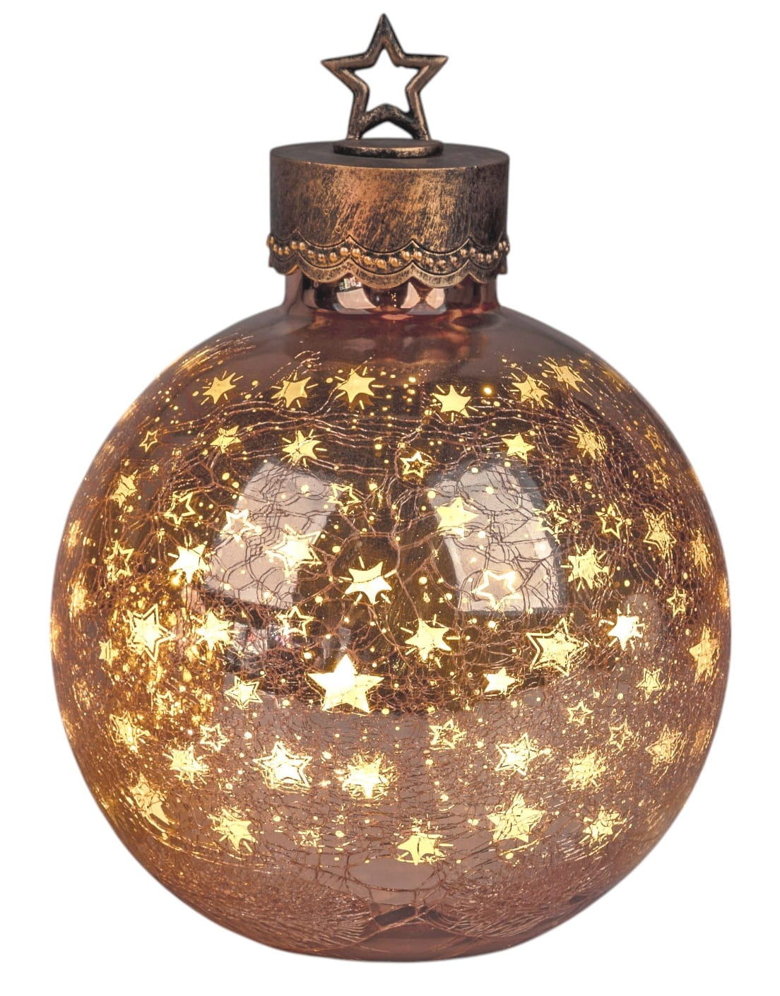 formano Weihnachtskugel 35 cm, Farbglas in Krakelee-Optik mit LED-Licht, Sterne-Rose + aufgesetztem Stern