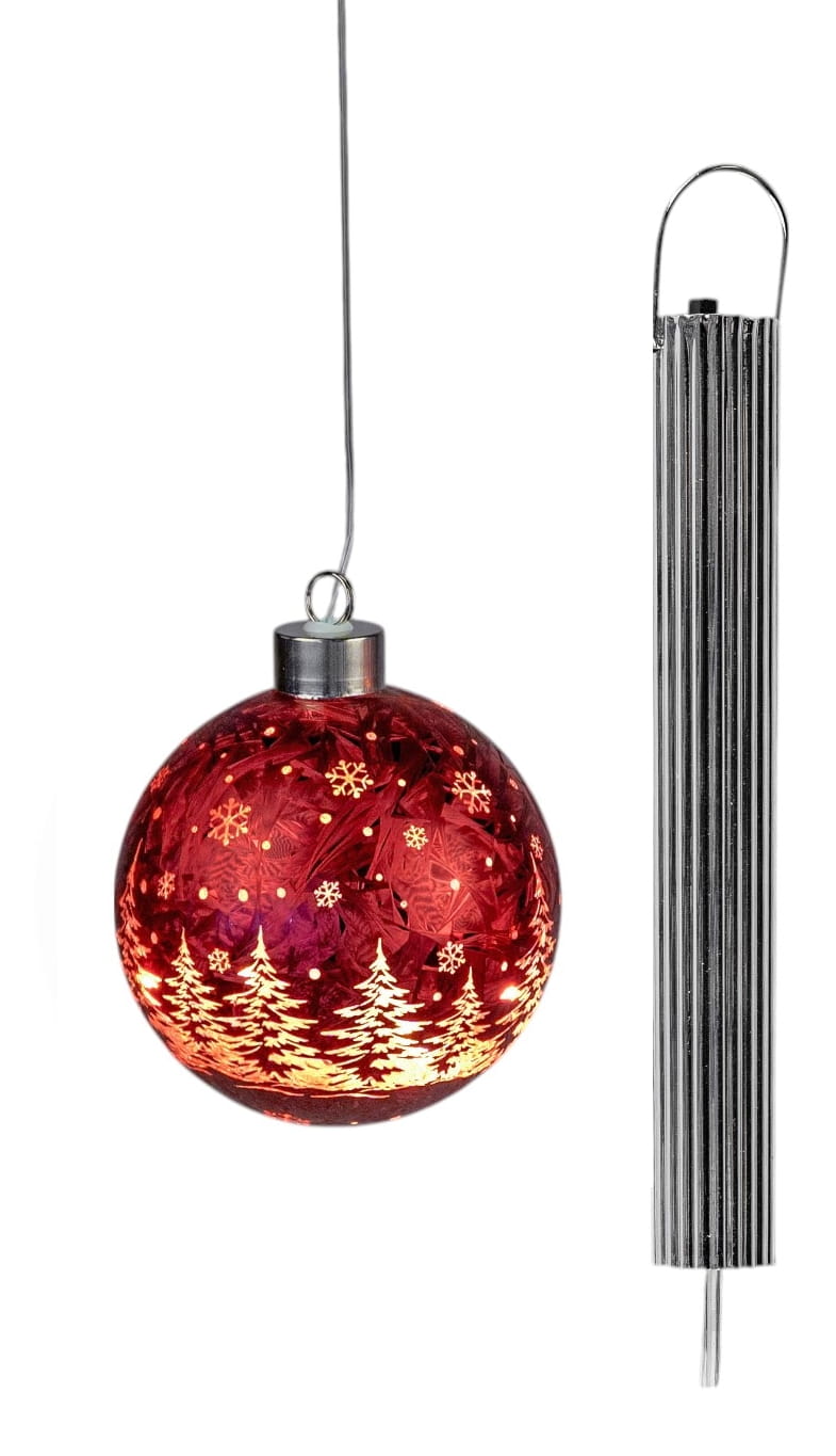 formano LED Hänger Weihnachtskugel Ø 10 cm, Farbglas, Ice-Optik, Timer + Batteriebox, Frosty-Rot