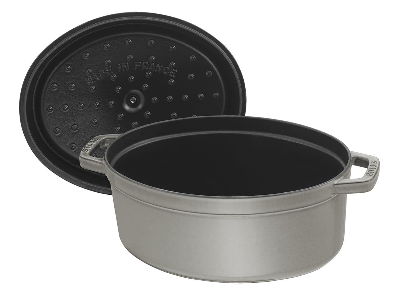 Staub Cocotte Bräter Gusseisen oval 33cm grau offen