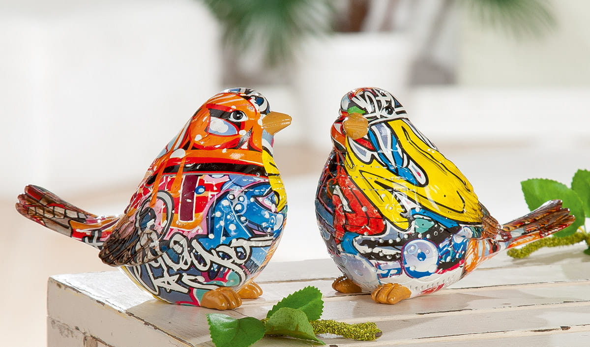 Gilde Poly Figur Vogel "Street Art", Graffiti - 10 cm, 2er Set
