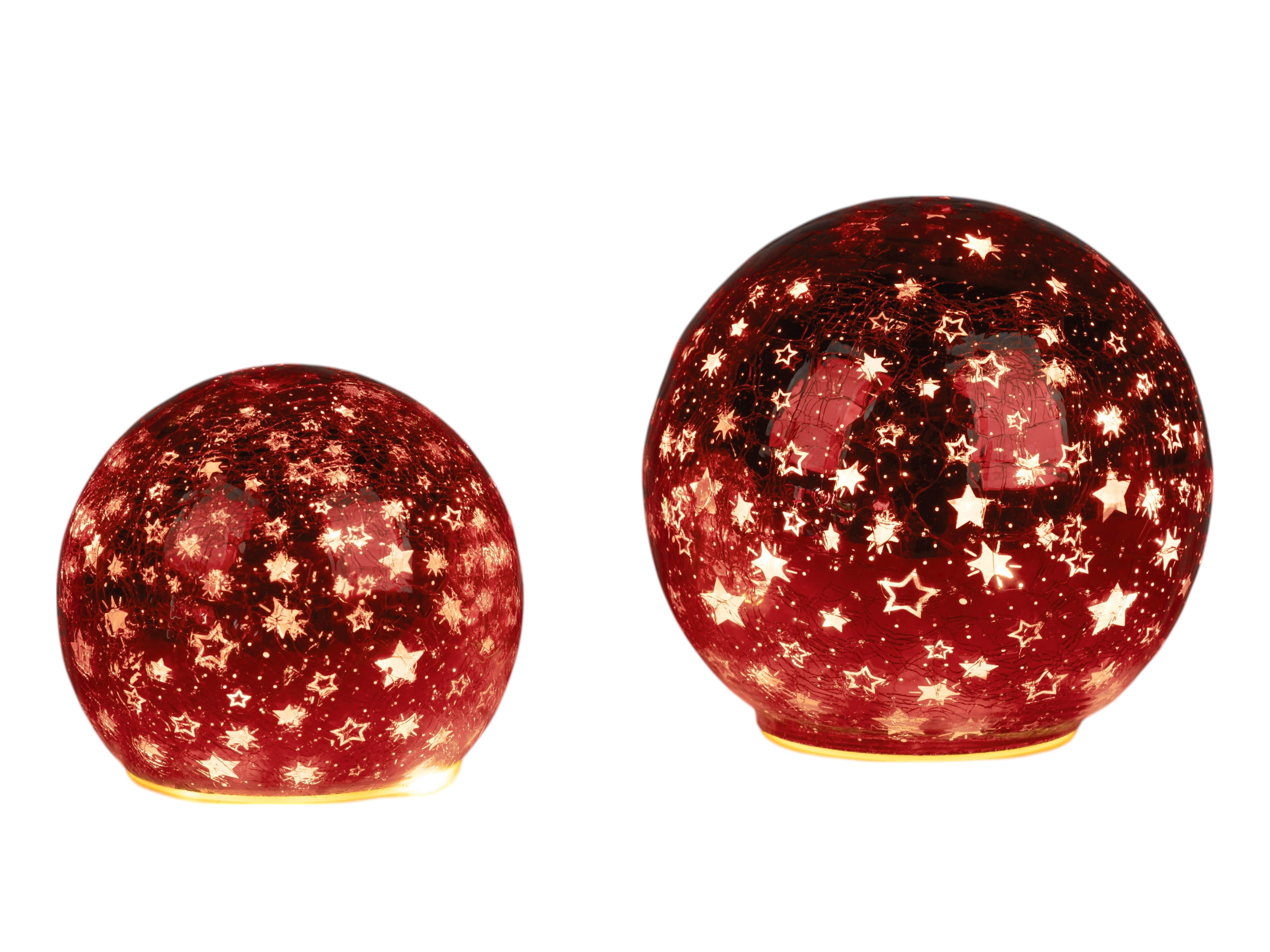 formano Weihnachtskugel 15 cm, Farbglas in Krakelee-Optik mit LED-Licht & Timer, Sterne-Rot