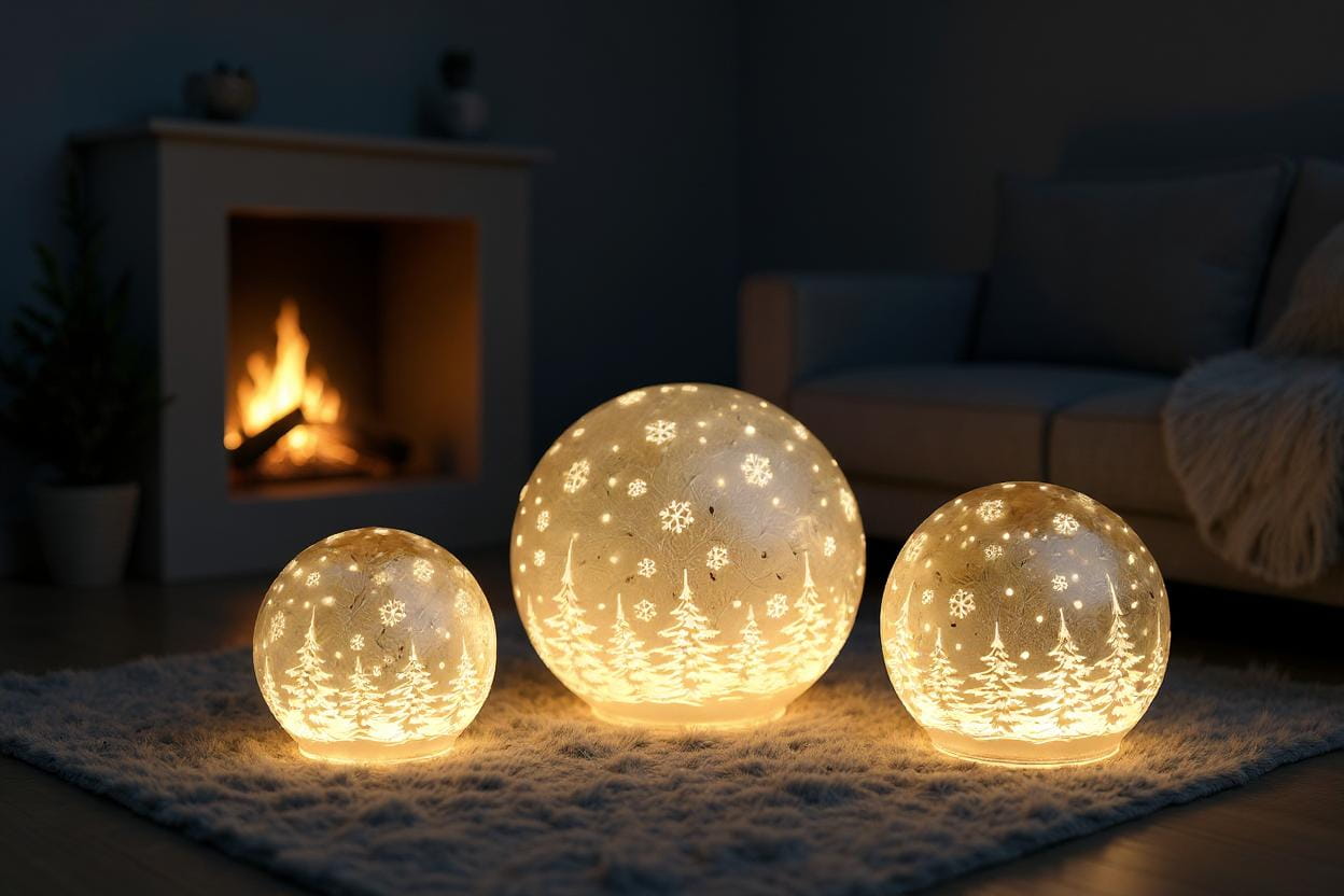 formano Weihnachtskugel 10 cm, Farbglas champagner in geeister Optik, mit LED-Licht & Timer, winterl. Dekor