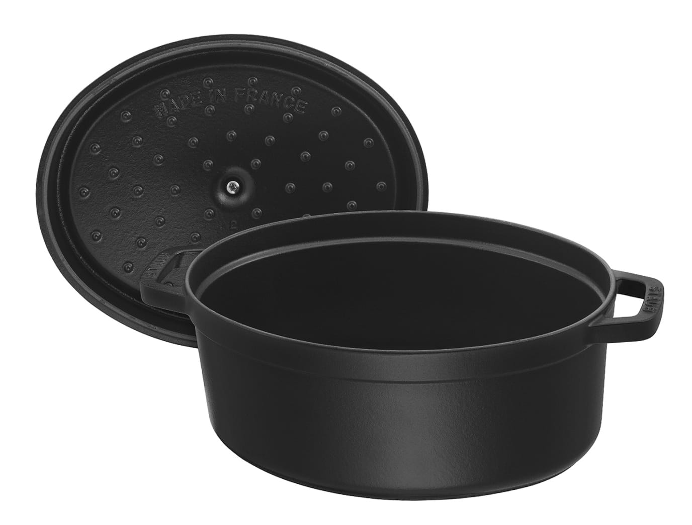 Staub Cocotte Bräter Gusseisen oval 29cm schwarz offen