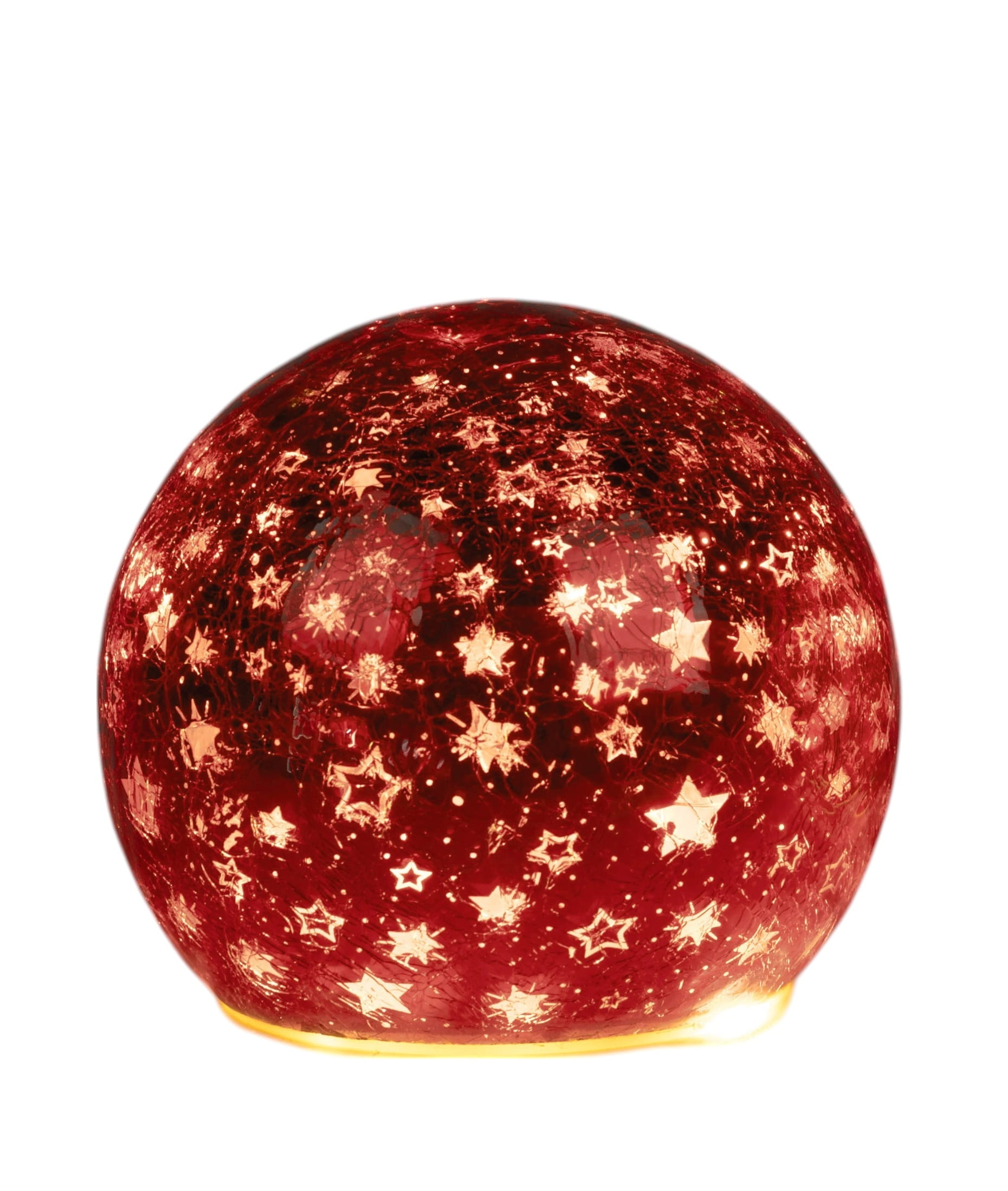 formano Weihnachtskugel 12 cm, Farbglas in Krakelee-Optik mit LED-Licht & Timer, Sterne-Rot
