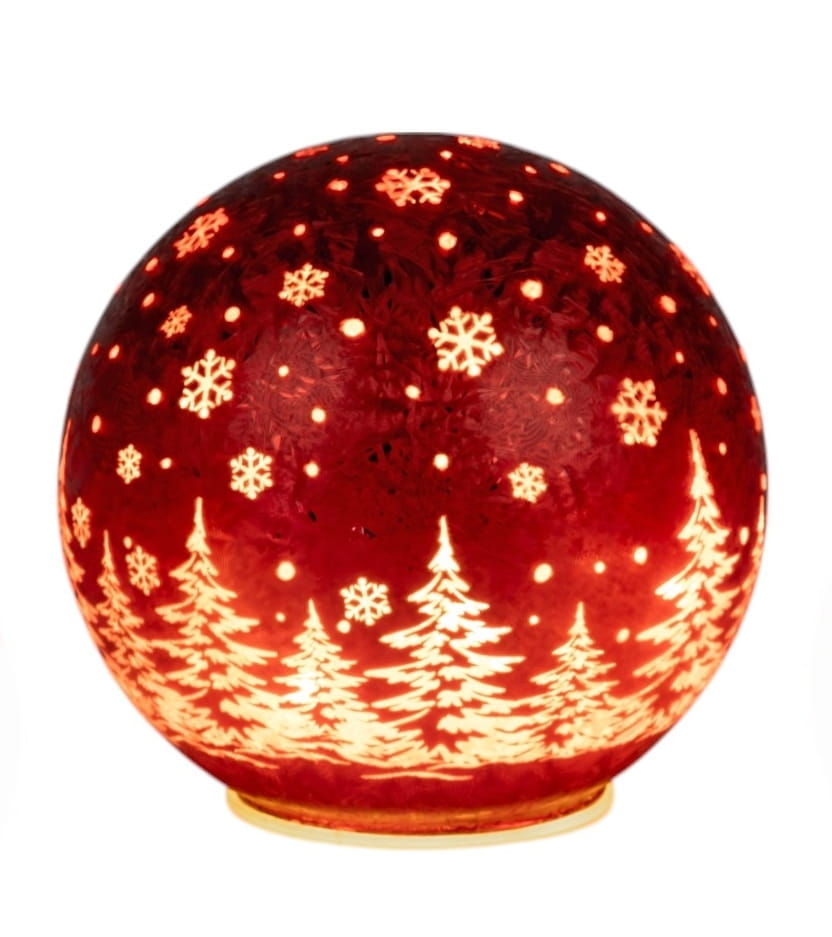 formano Weihnachtskugel 15 cm, Farbglas rot in geeister Optik, mit LED-Licht & Timer, winterl. Dekor