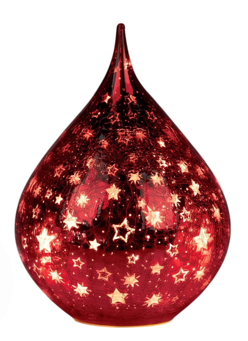 formano Weihnachts-Tropfen 16 cm, Farbglas in Krakelee-Optik mit LED-Licht & Timer, Sterne-Rot
