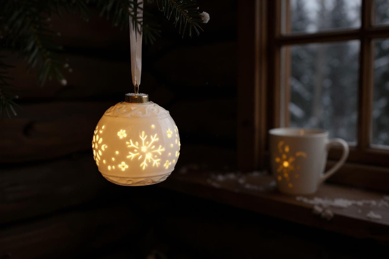 formano Hänger-Kugel Ø 10 cm, Porzellan Weiß mit Relief, LED-Licht & Timer, 3 sortiert