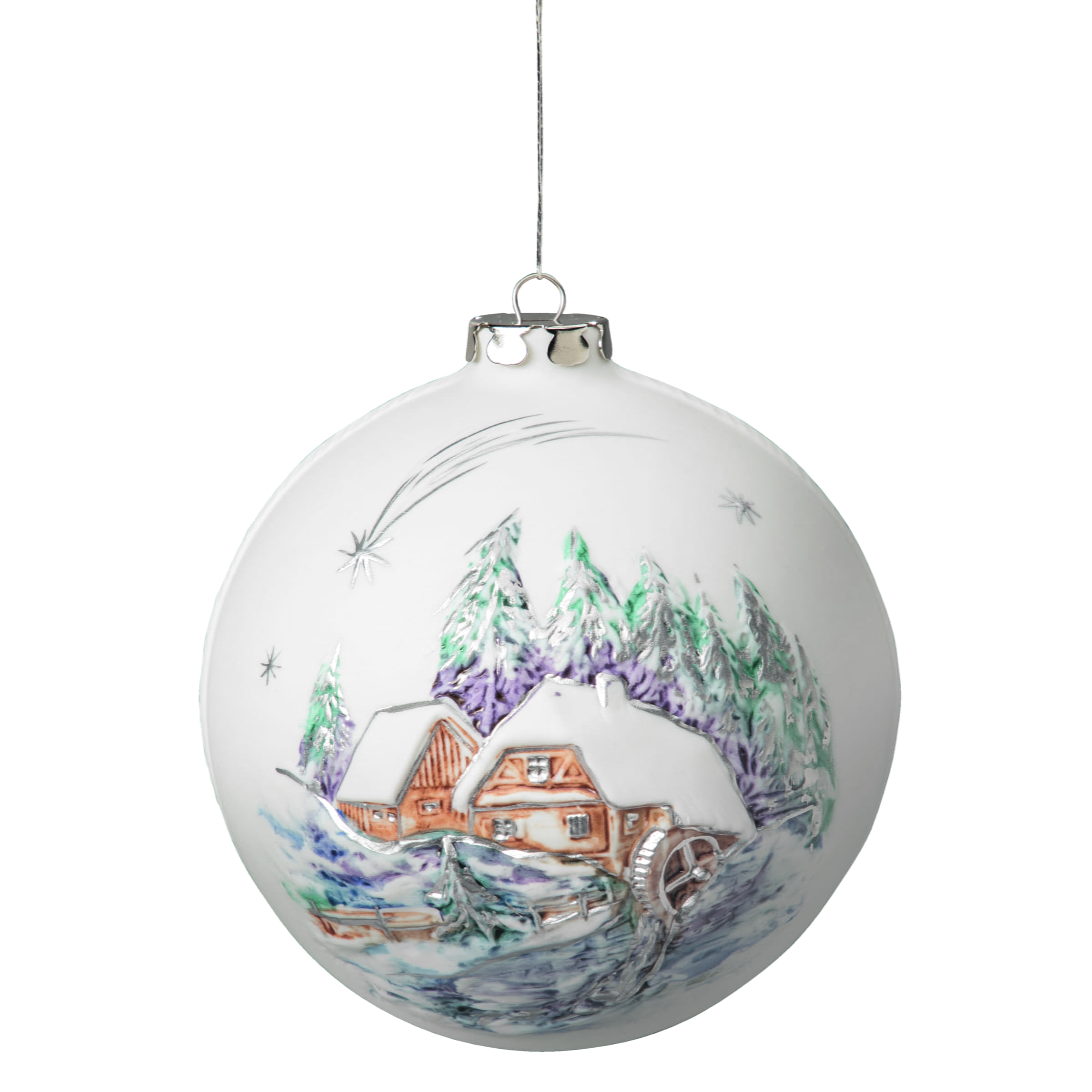 Seltmann Porzellan Weihnachtskugel, "Alt. Mühle + Dorfkirche" Ø 10 cm, bemalt