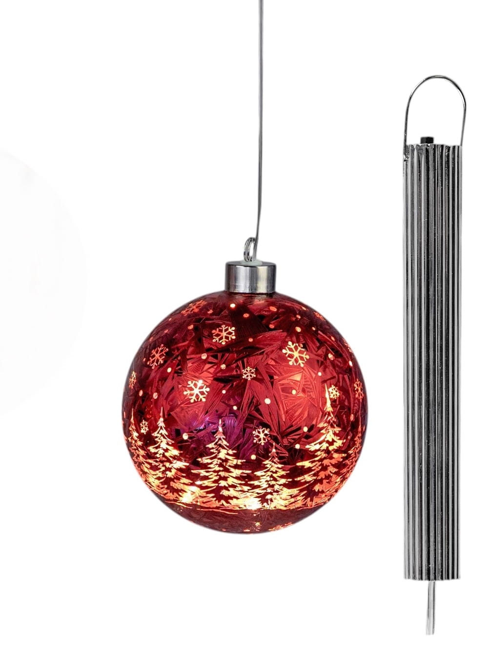 formano LED Hänger Weihnachtskugel Ø 12 cm, Farbglas, Ice-Optik, Timer + Batteriebox, Frosty-Rot