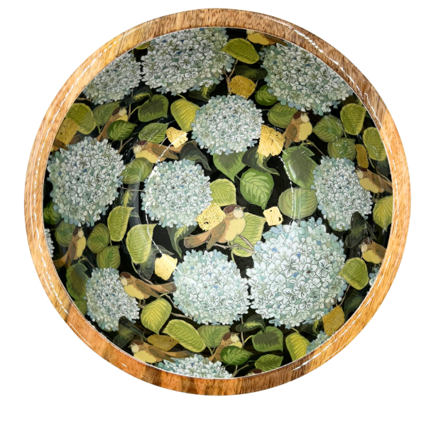 byRoom Mangoholz Schüssel Hortensien blau, gold 25 cm