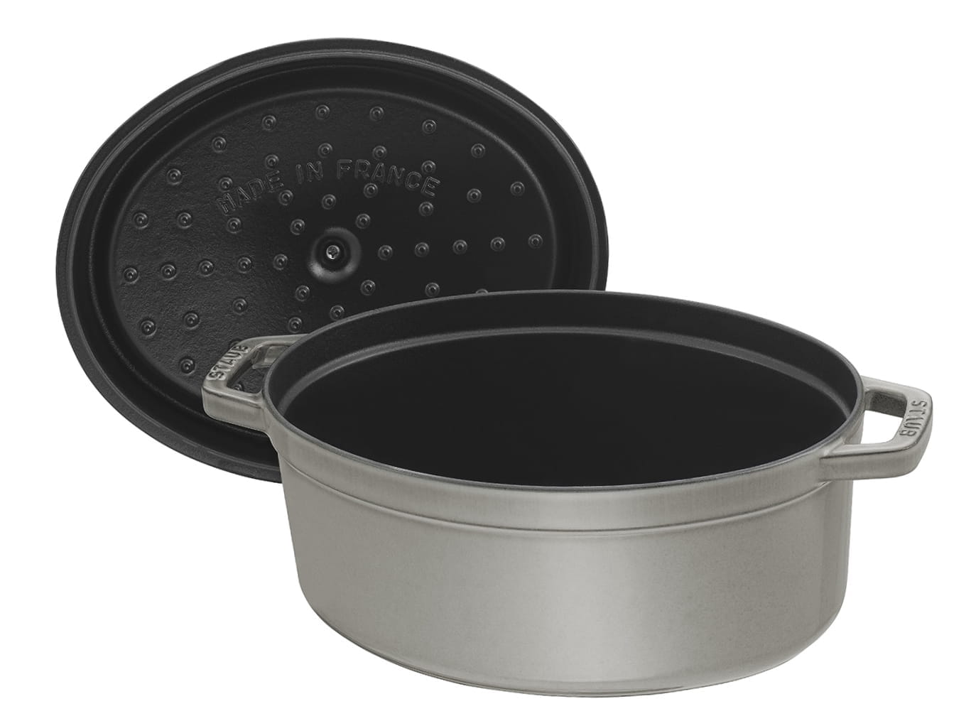 Staub Cocotte Bräter Gusseisen oval 27cm grau offen