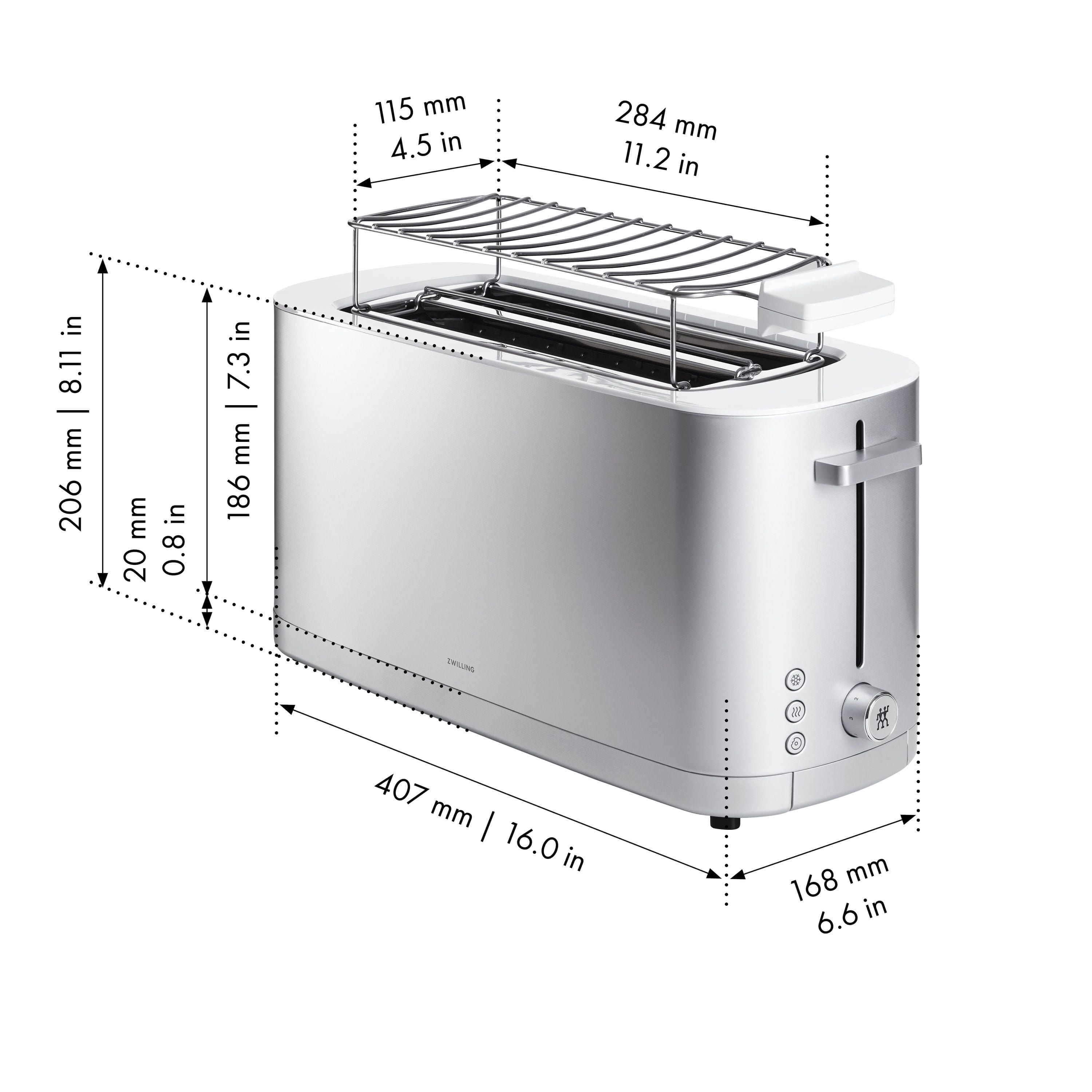 Zwilling Enfinigy Toaster mit Brötchenaufsatz, 2 lange Schlitze, Silber