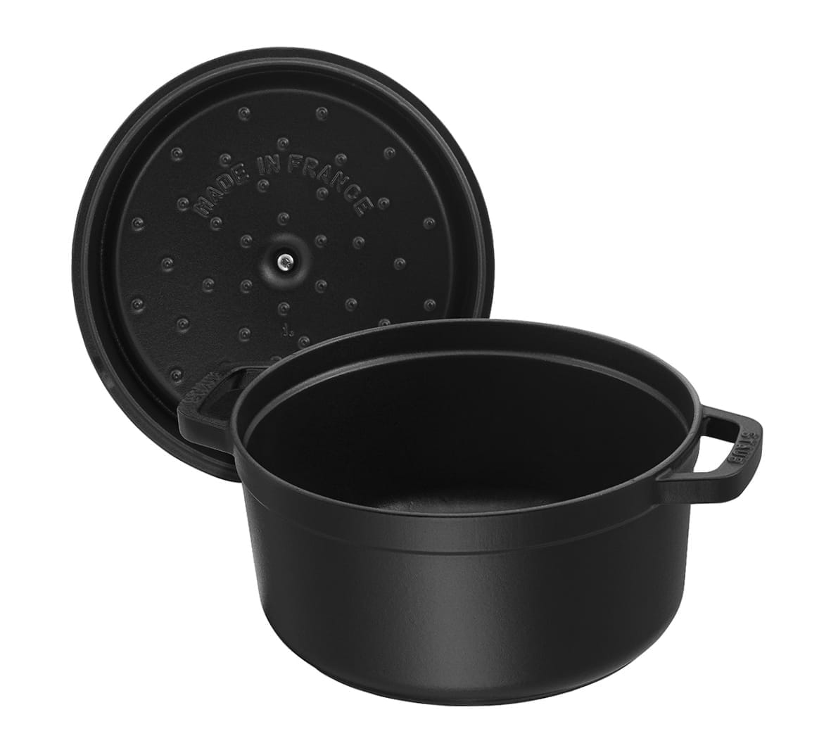 Staub Cocotte Bräter Gusseisen rund 30cm schwarz offen