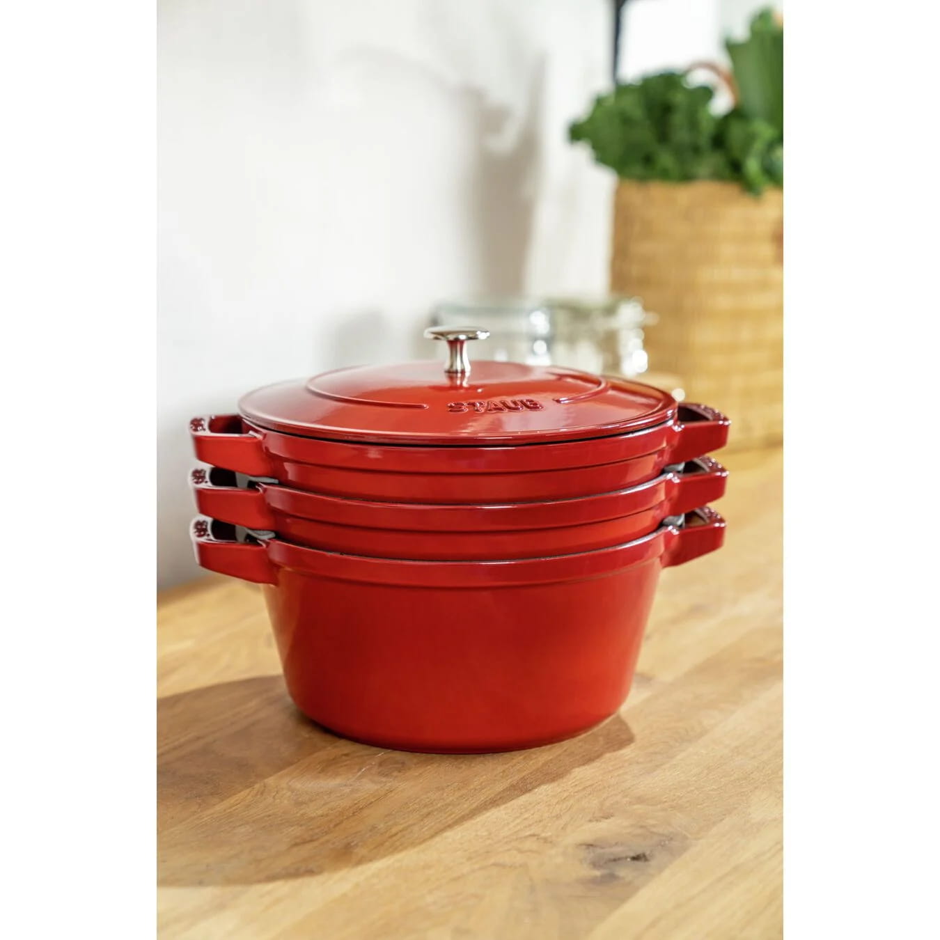 Staub Cocotte Kochtopfset 3-teilig Gusseisen rund 24 cm Kirschrot