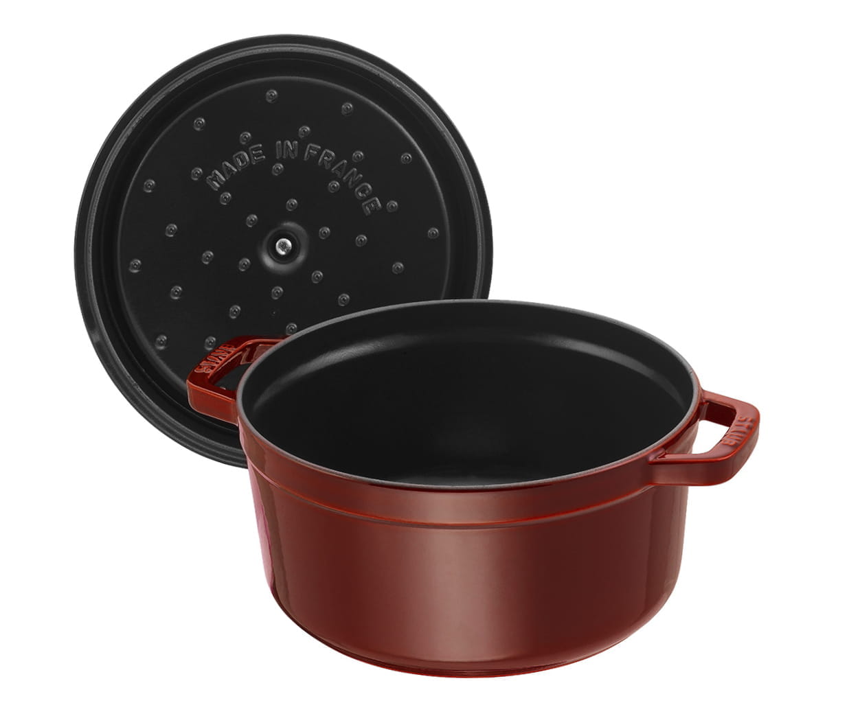 Staub Cocotte Bräter Gusseisen rund 28cm Grenadine offen