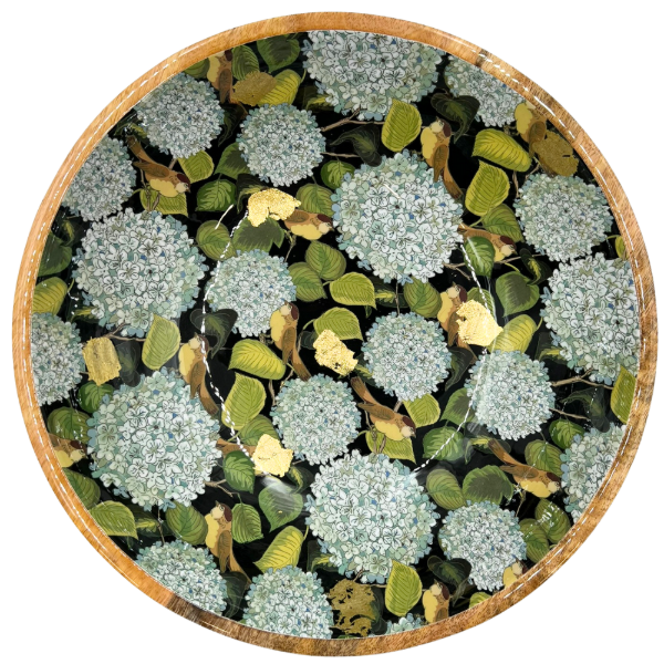 byRoom Mangoholz Schüssel Hortensien blau, gold 35 cm