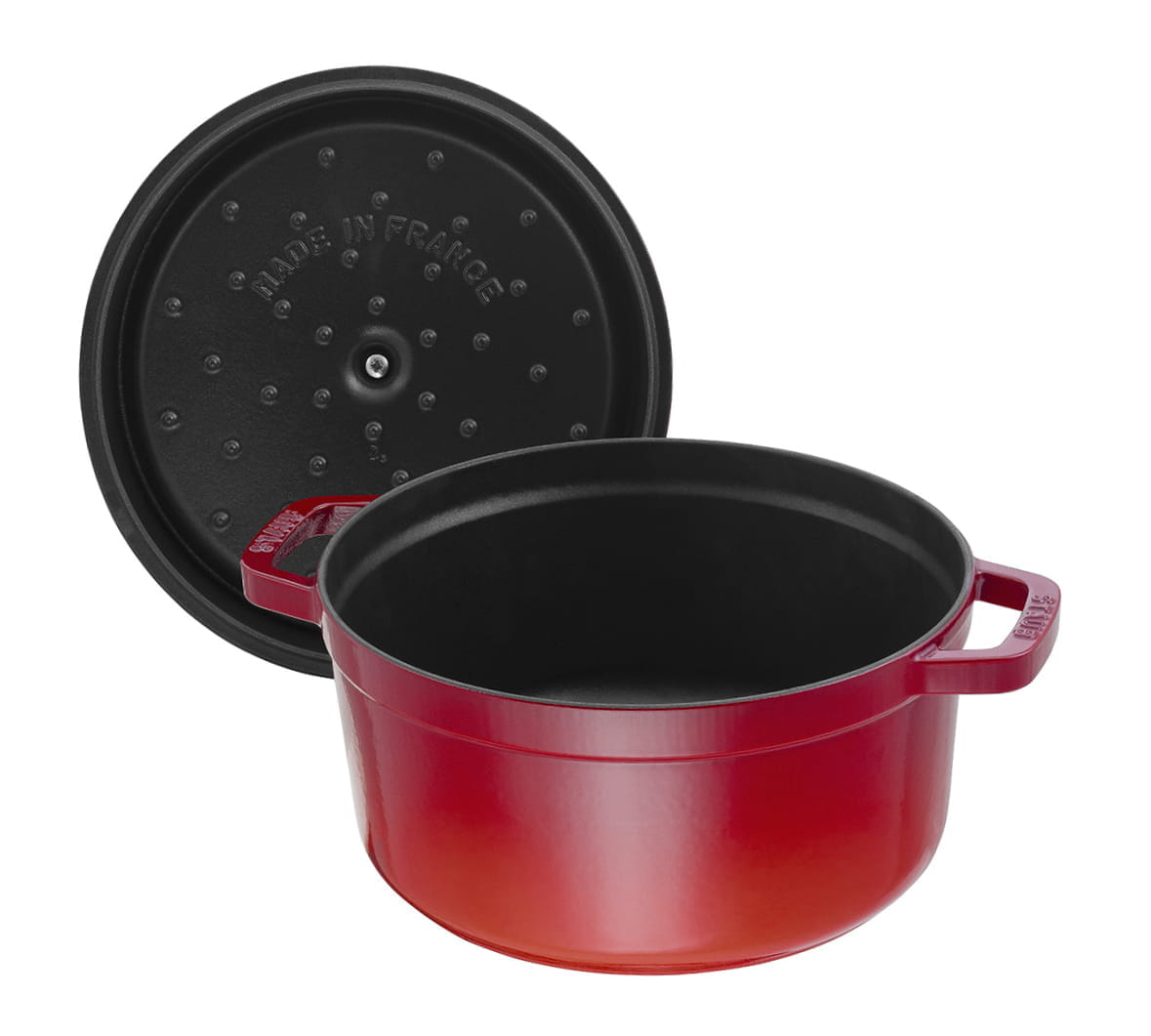 Staub Cocotte Bräter Gusseisen rund 30cm kirschrot offen