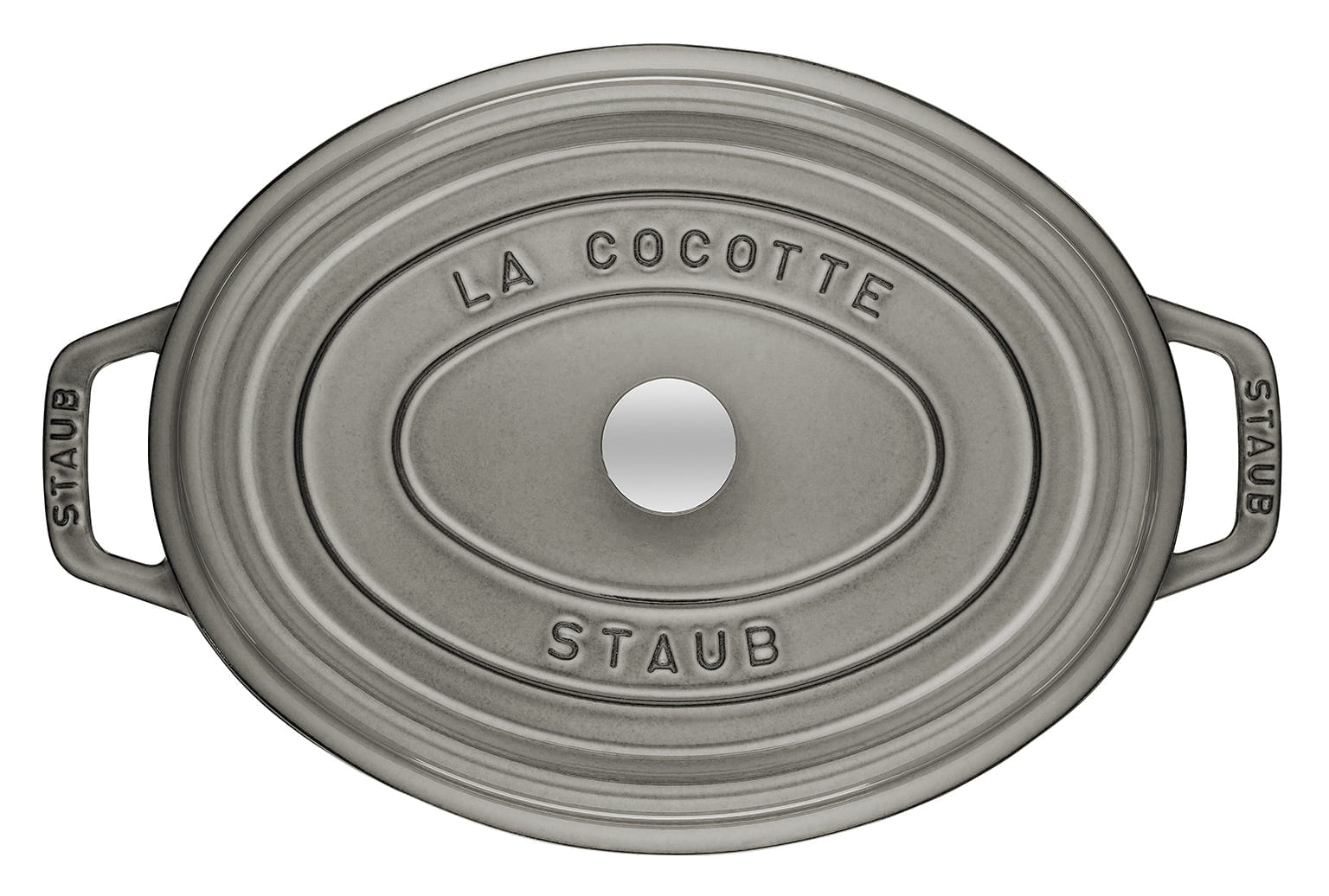 Staub Cocotte Bräter Gusseisen oval 33cm grau oben