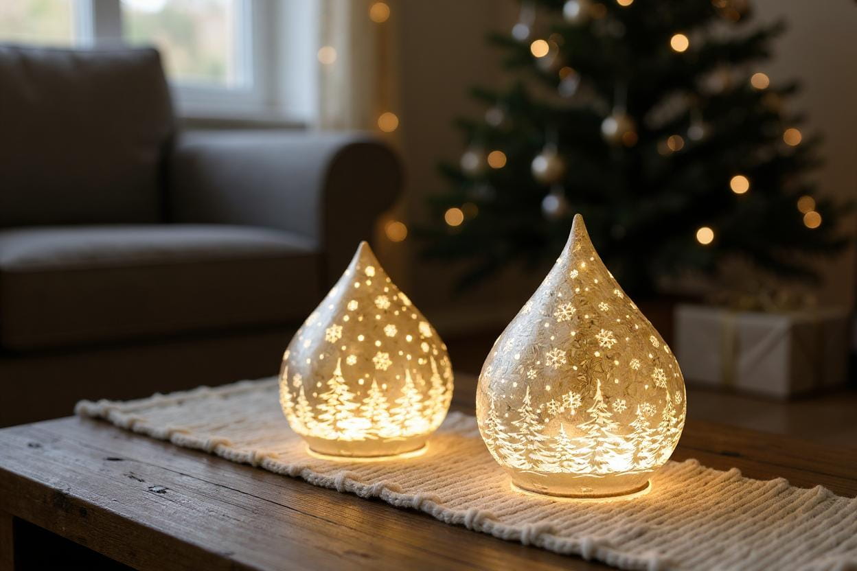 formano Weihnachts-Tropfen 15 cm, Farbglas Champagner in Frosty-Optik mit LED-Licht & Timer, winterl. Dekor