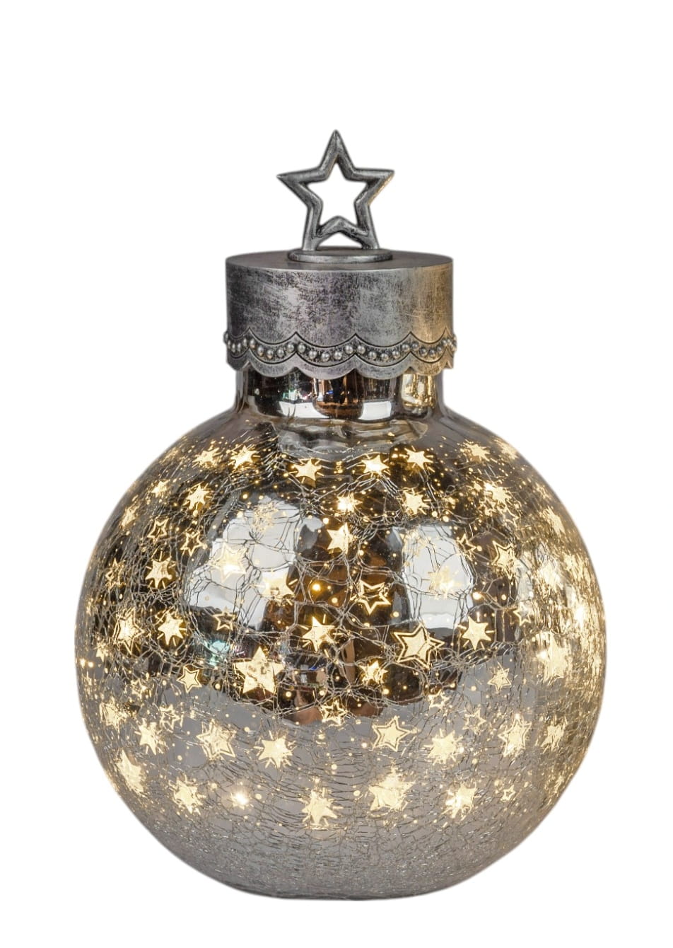 formano Weihnachtskugel 30 cm, Farbglas in Krakelee-Optik mit LED-Licht, Sterne-Silber + aufgesetztem Stern