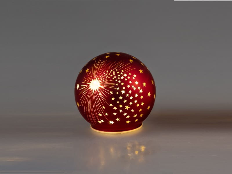 formano Deko-Kugel 10 cm, Farbglas matt, rot/gold mit LED-Licht & Timer, Stern-Dekor
