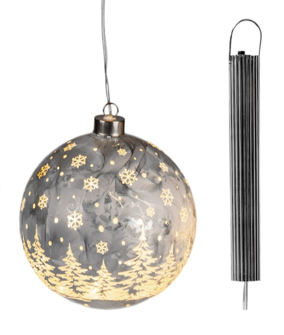 formano LED Hänger Weihnachtskugel Ø 15 cm, Farbglas, Ice-Optik, Timer + Batteriebox, Frosty-Silber