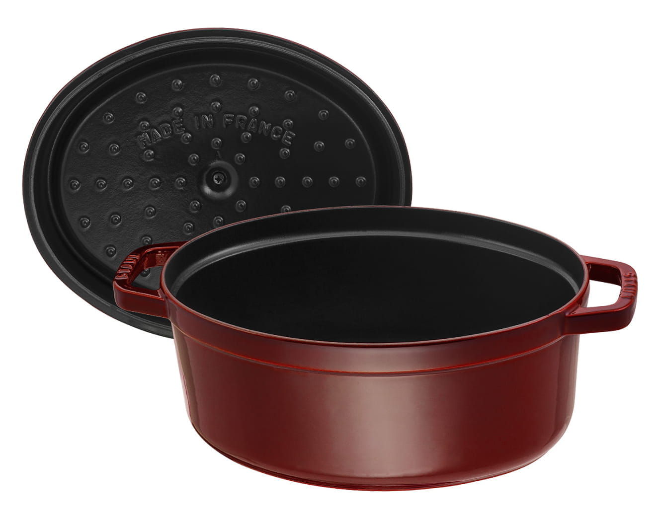 Staub Cocotte Bräter Gusseisen oval 33cm Grenadine offen