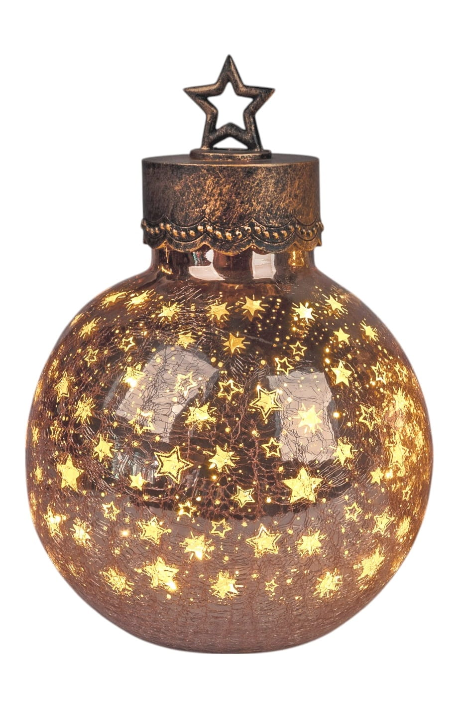 formano Weihnachtskugel 30 cm, Farbglas in Krakelee-Optik mit LED-Licht, Sterne-Rose + aufgesetztem Stern