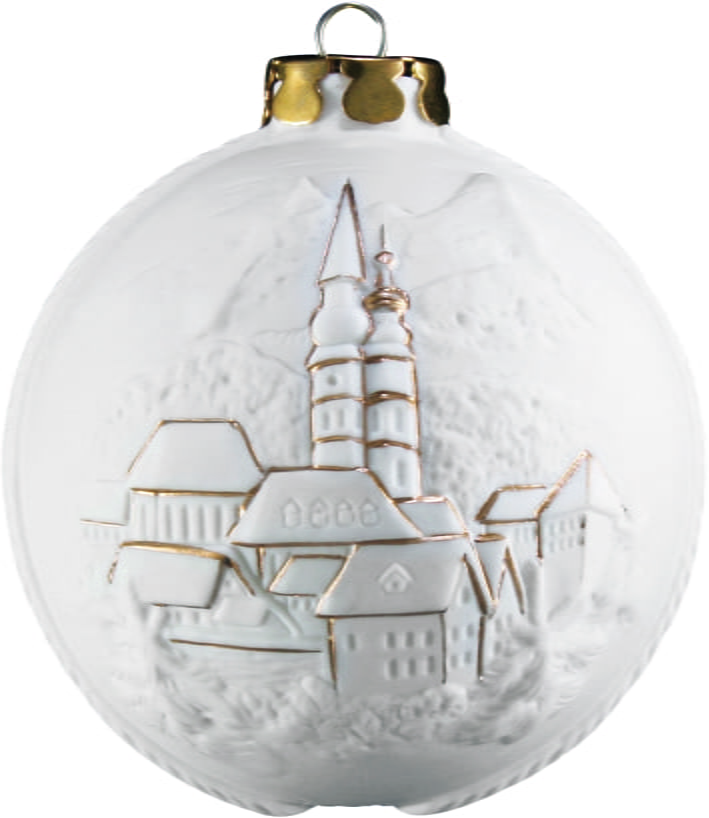 Seltmann Porzellan Weihnachtskugel, "Berchtesgaden + Wildfütterung" Ø 6 cm, Weiß/Gold