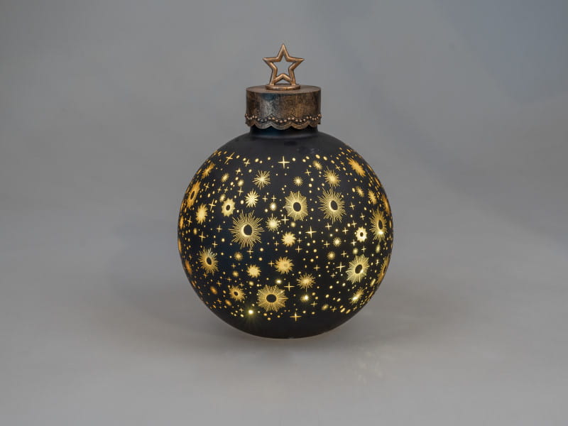 formano Deko-Kugel 30 cm, Farbglas matt, schwarz/gold mit LED-Licht & Timer, Stern-Dekor + Stern