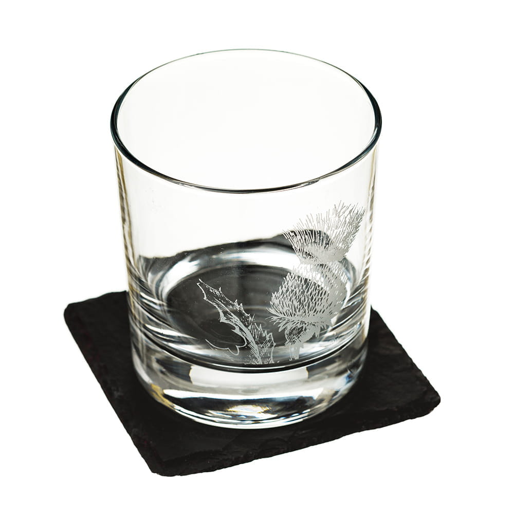 Scottish Glasbecher / Whiskyglas + Schiefer Untersetzer im Set - Distel  Ø 8,5 cm