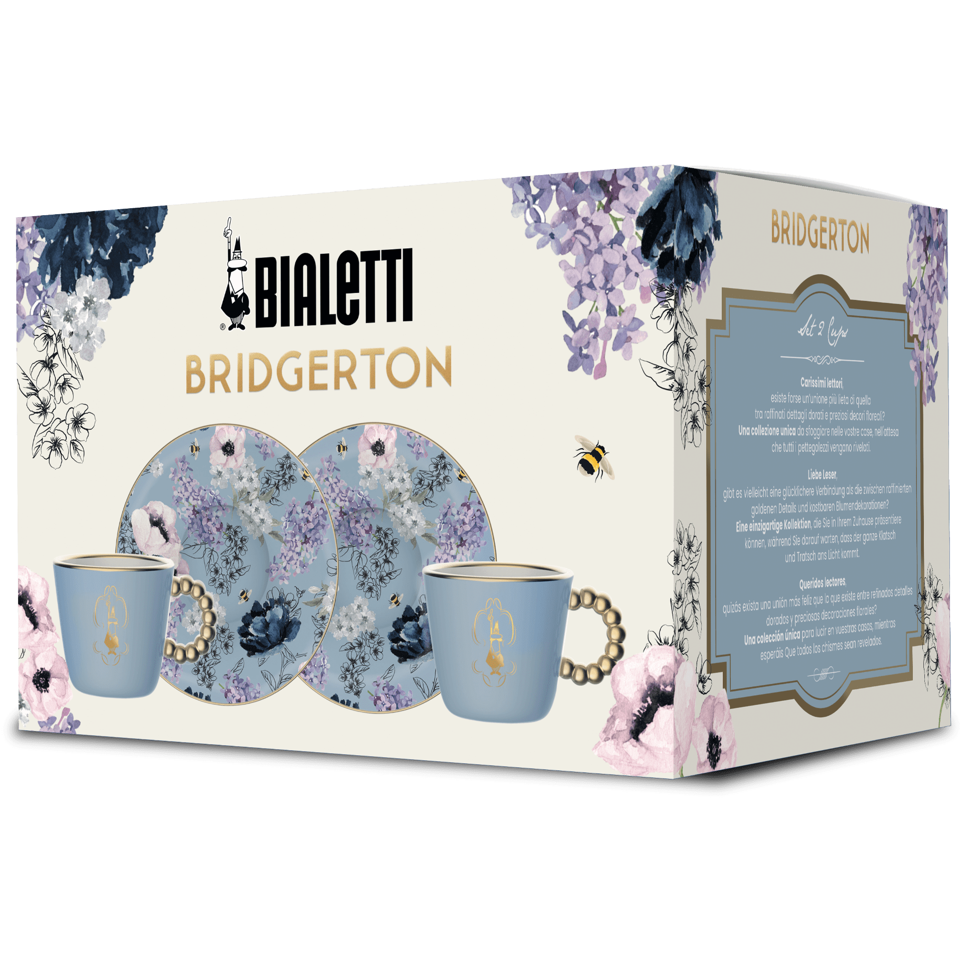 Bialetti Bridgerton Porzellan Espressotassen mit Untertasse, 90 ml, 2er Set