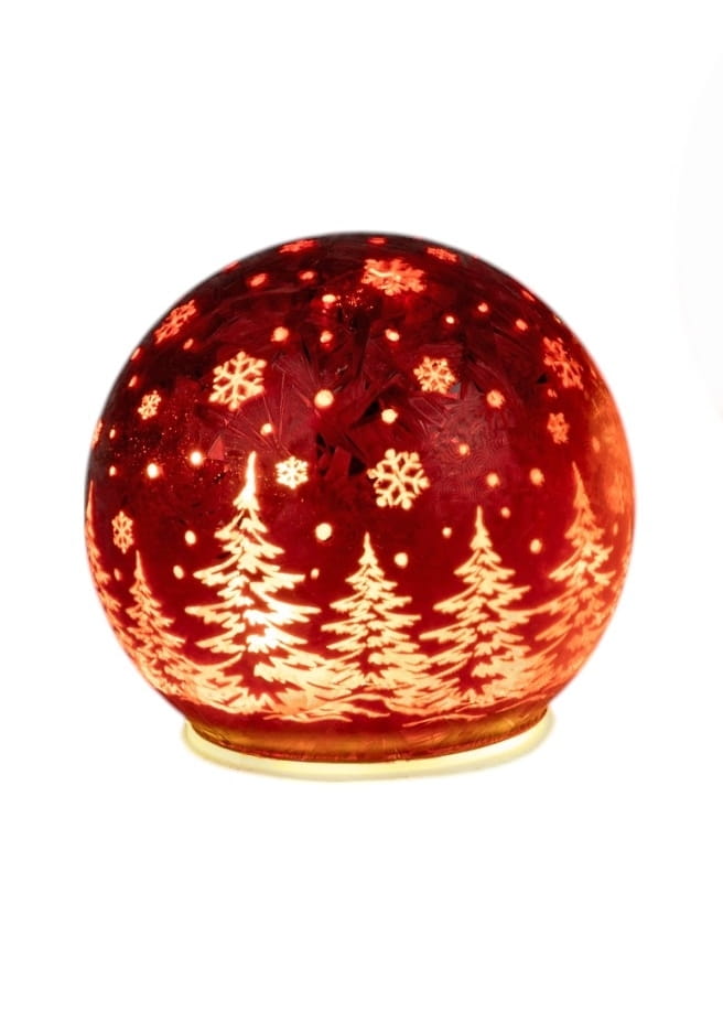 formano Weihnachtskugel 10 cm, Farbglas rot in geeister Optik, mit LED-Licht & Timer, winterl. Dekor
