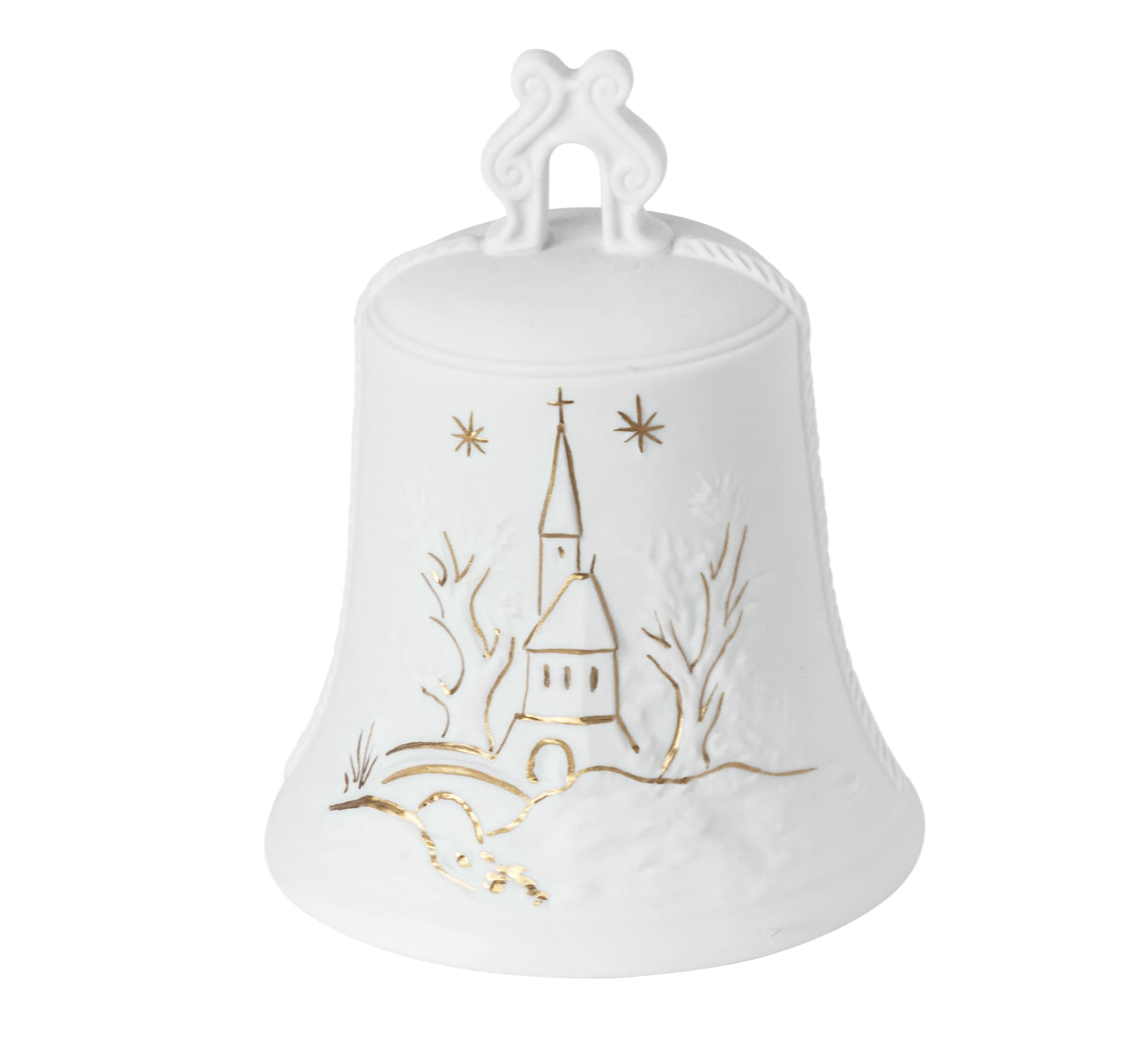 Seltmann Porzellan Weihnachtsglocke 11,5 cm mit Relief Ø 6 cm, Weiß/Gold