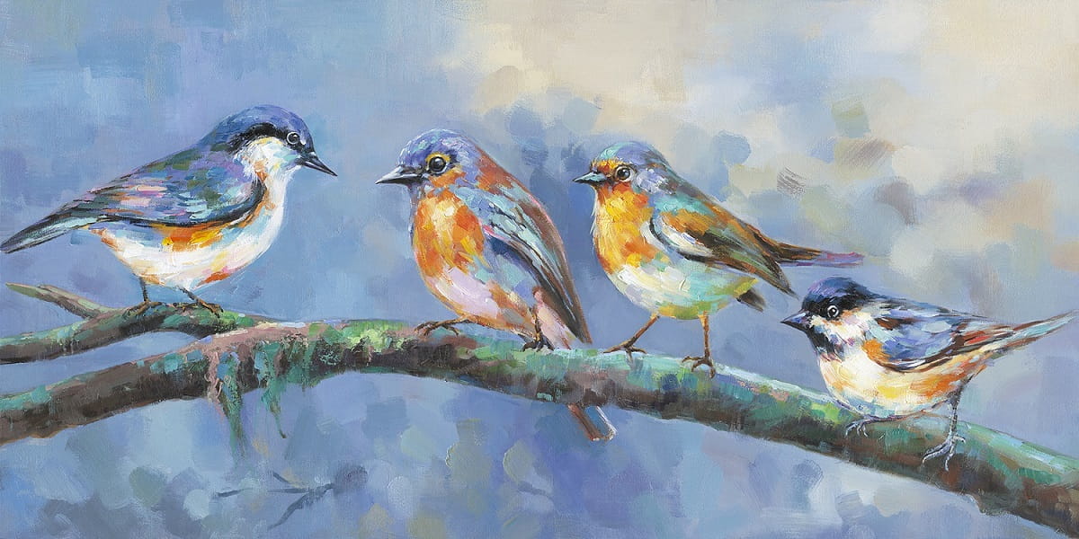 La Casa Ölbild Vögel auf einem Ast, blauer Himmel - 60 x 120 cm