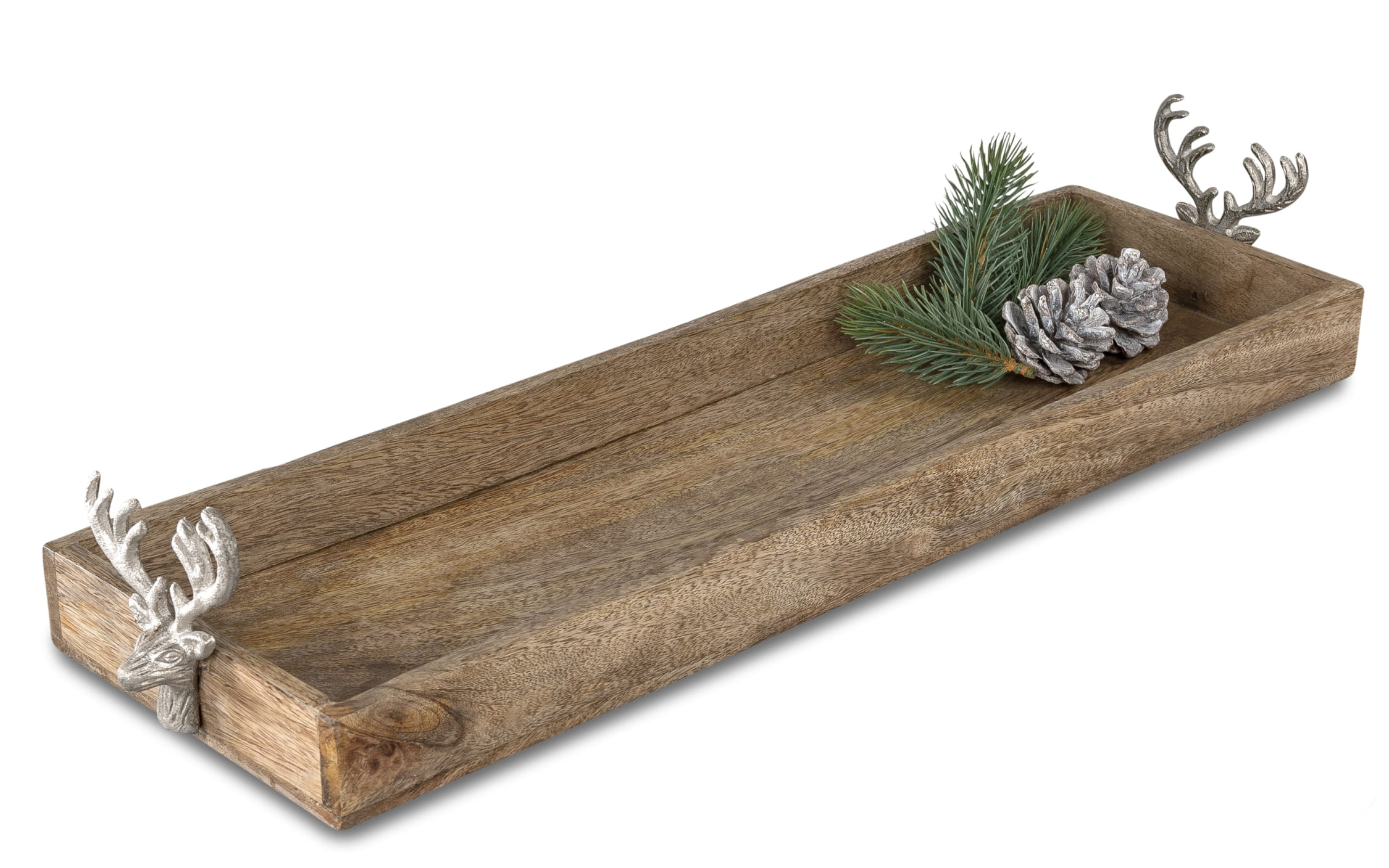 formano Tablett Elch aus Mangoholz mit Alu-Hirschköpfen, 60 x 18 cm 