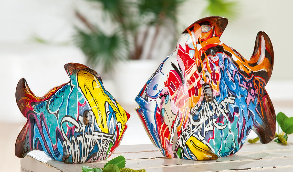 Gilde Kunstharz Fisch "Street Art", Graffiti - 12,5 cm, mehrfarbig
