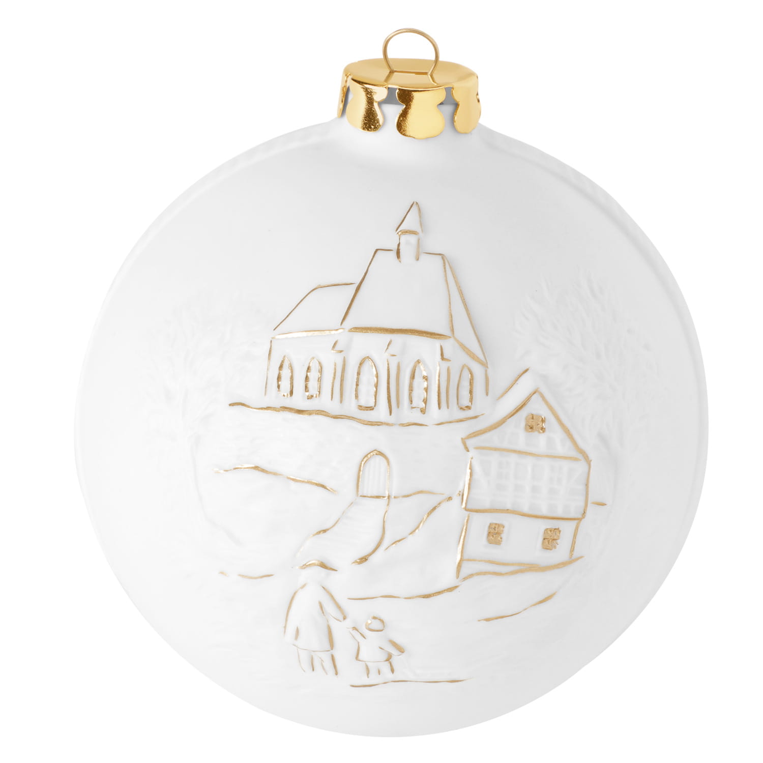 Seltmann Porzellan Weihnachtskugel, "Kirchgang + Kind mit Schlitten + Mühle" Ø 8 cm, Weiß/Gold