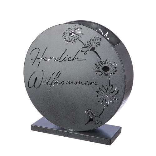 Gilde Metall Windlicht rund "Herzlich Willkomen", mit Glaseinsatz, Blumendesign, 2er Set