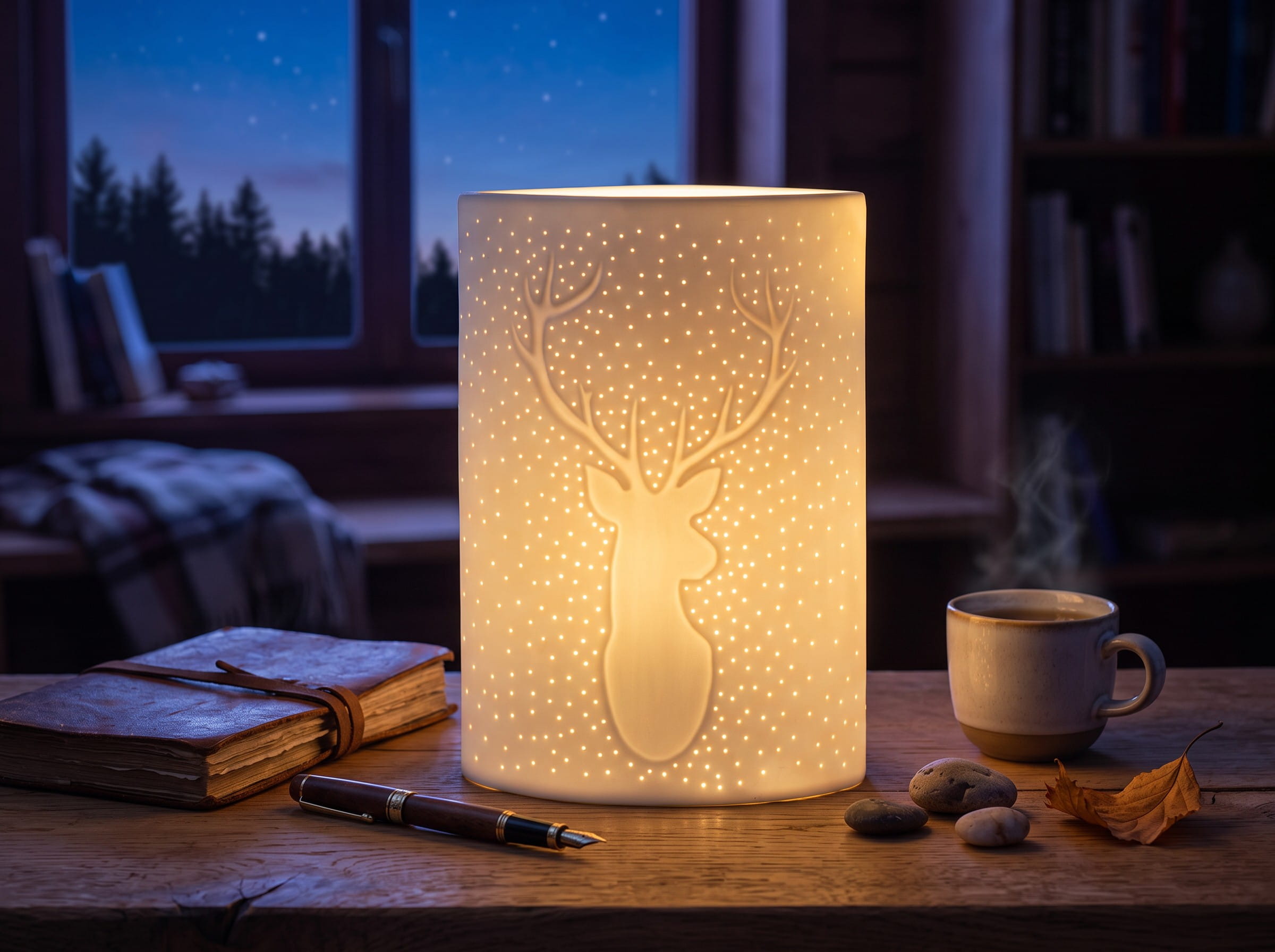 Gilde Porzellan Lampe "Hirschmotiv" - 26 cm Tischleuchte