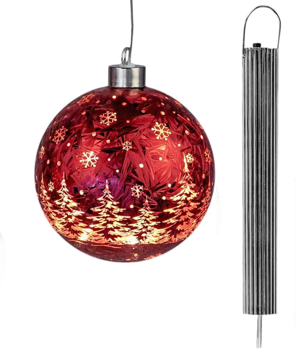 formano LED Hänger Weihnachtskugel Ø 15 cm, Farbglas, Ice-Optik, Timer + Batteriebox, Frosty-Rot