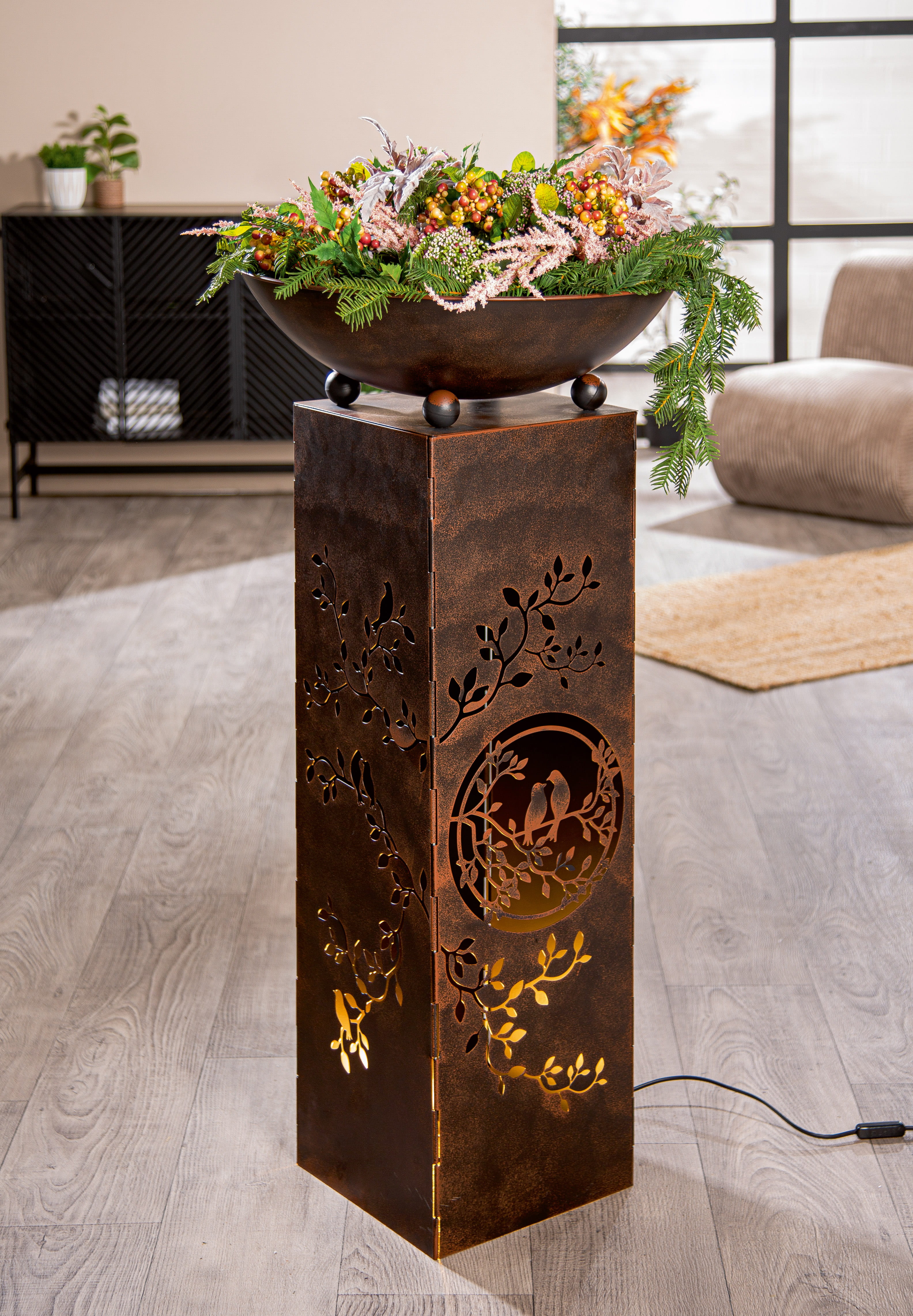 Gilde Metall Schalenständer Quader "Vogelzweig", Ø 50 cm, braun - 104 cm