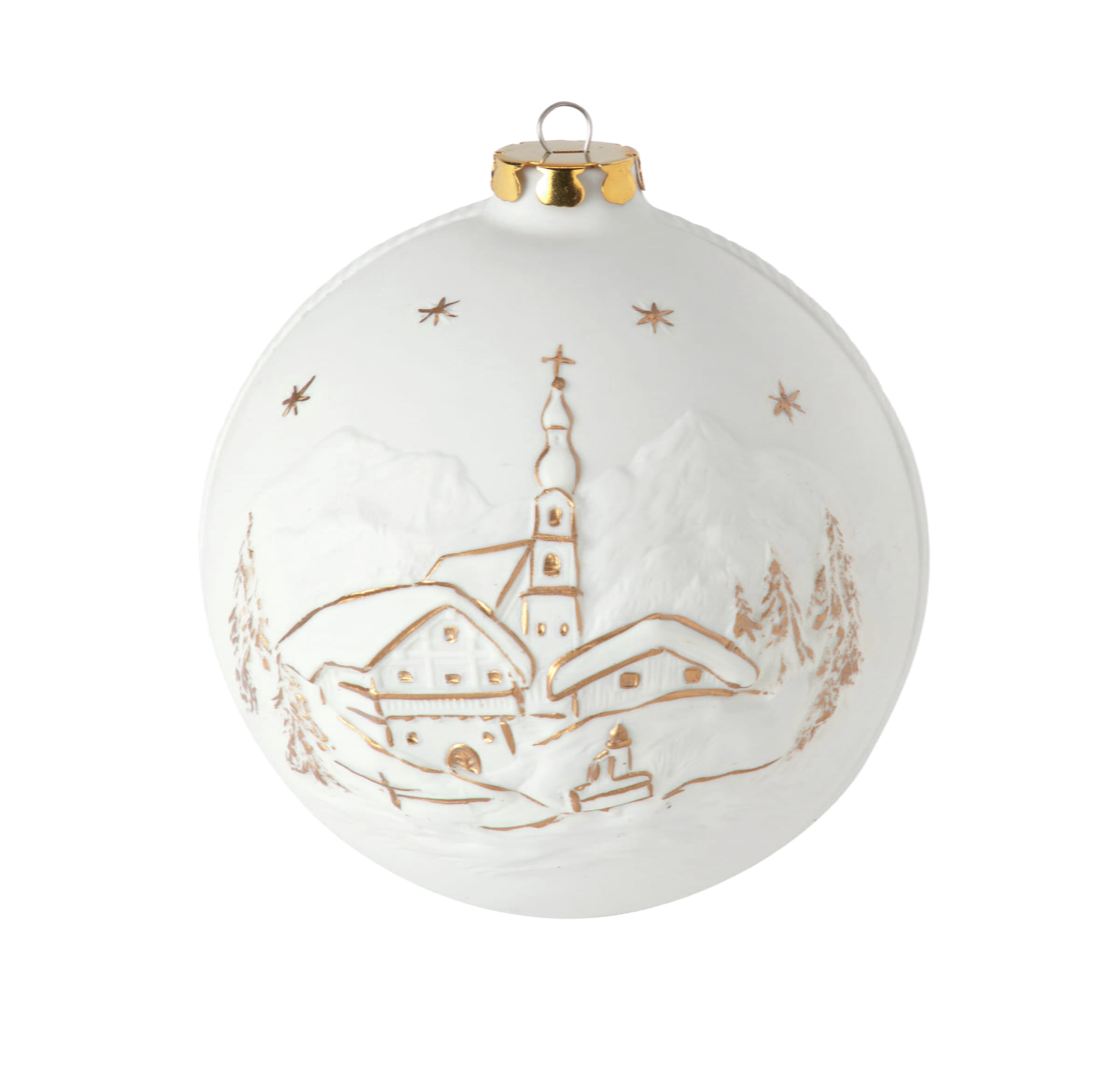 Seltmann Porzellan Weihnachtskugel, "Kirche + Marterl" Ø 10 cm, Weiß/Gold
