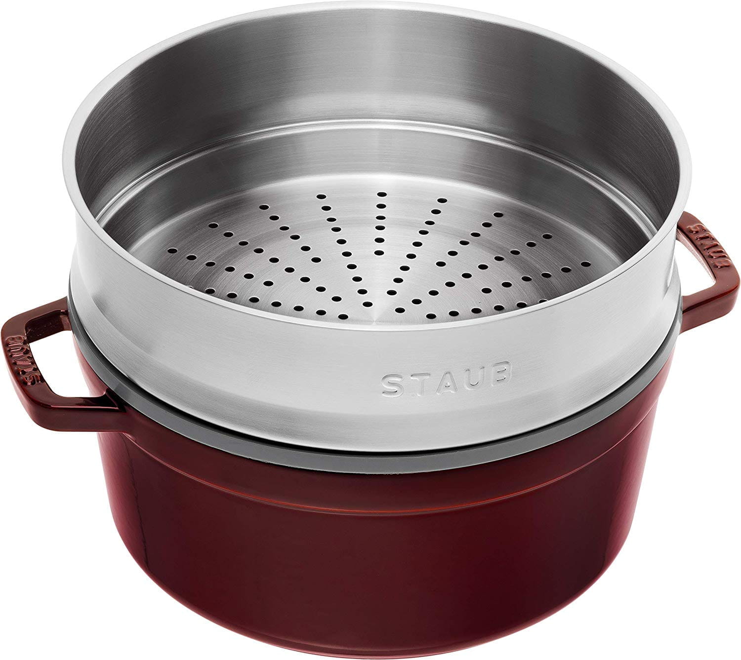 Staub Cocotte Bräter Gusseisen rund 26cm grenadine mit Dämpfeinsatz