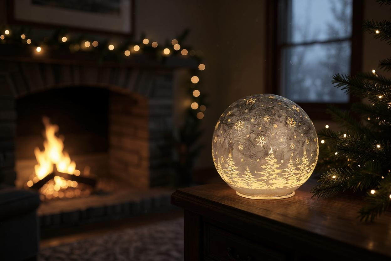 formano Weihnachtskugel 12 cm, Farbglas silber in geeister Optik, mit LED-Licht & Timer, winterl. Dekor