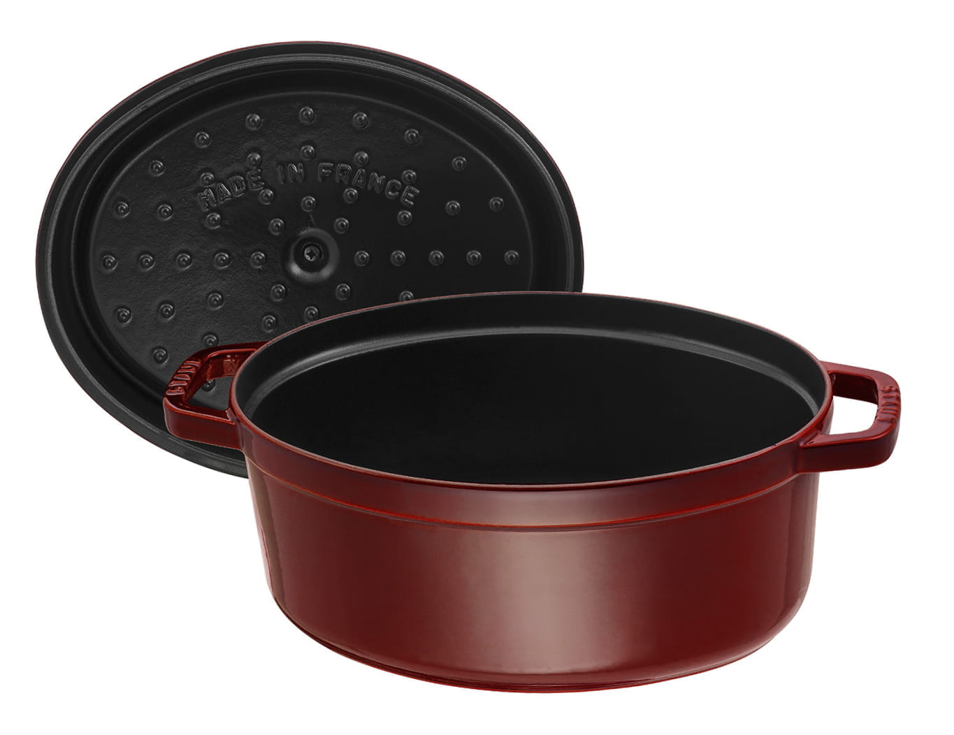 Staub Cocotte Bräter Gusseisen oval 29cm Grenadine offen